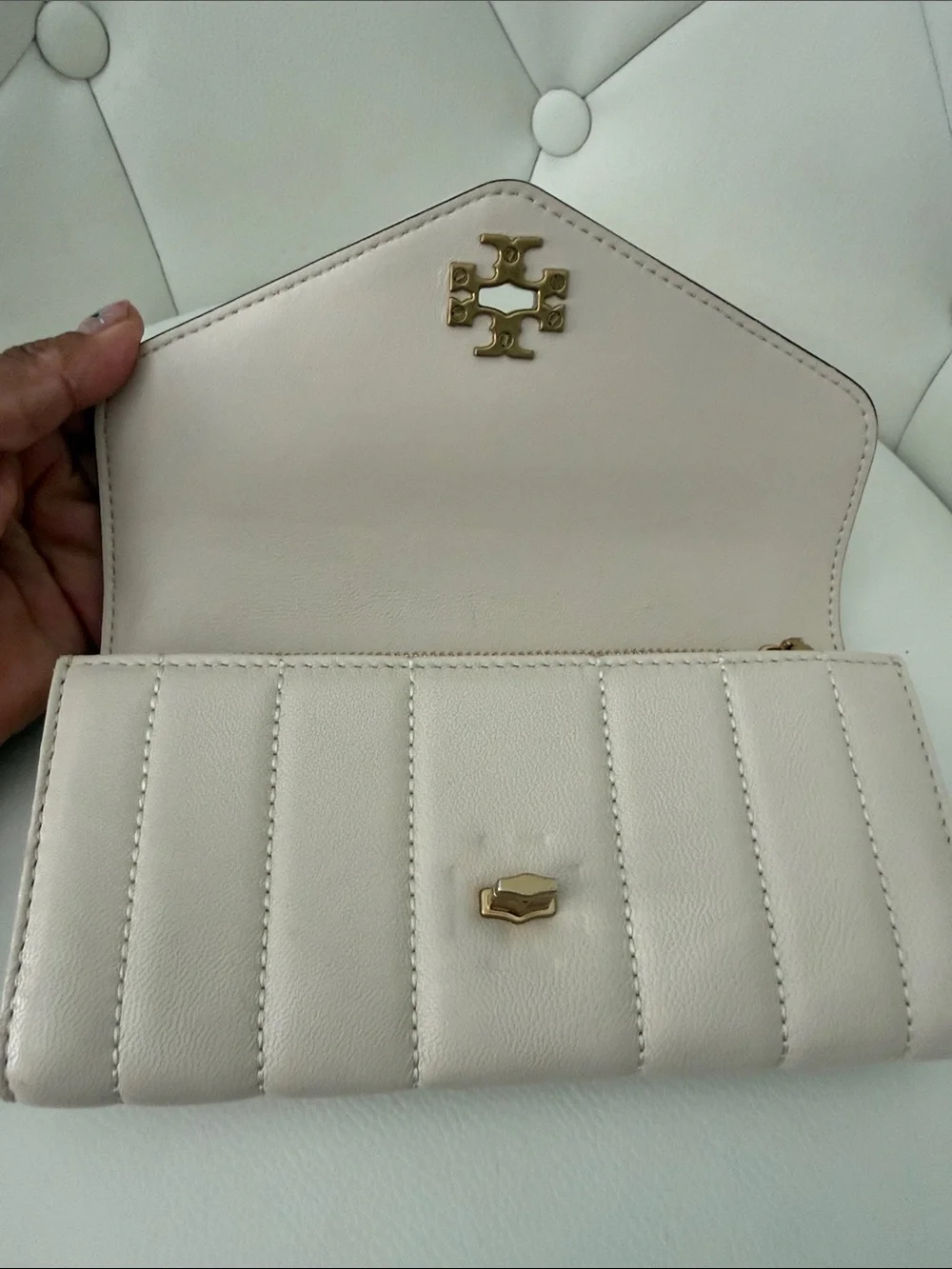 Tory Burch Kira Quilted Envelope Leather  Wallet with turn lock close in Cream
